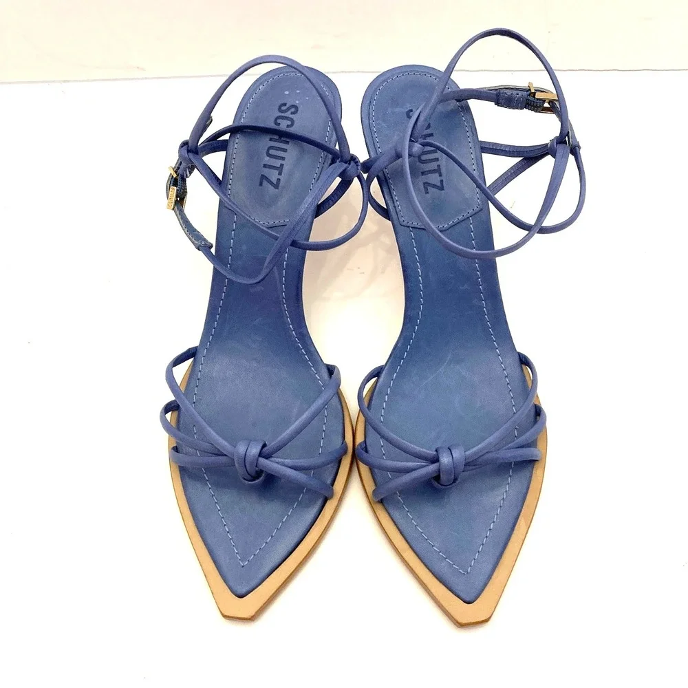 Schutz Abby Blue Leather Point Toe Strappy Wrap Around Stiletto Heels Womens 6.5